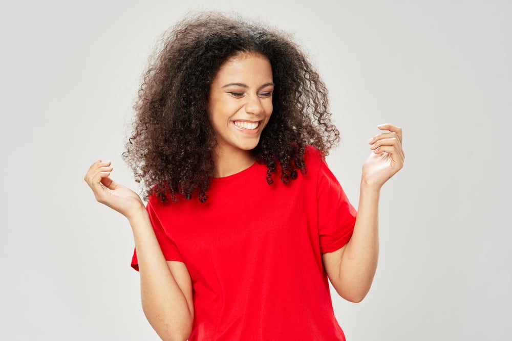 Happy Woman in a Red Shirt